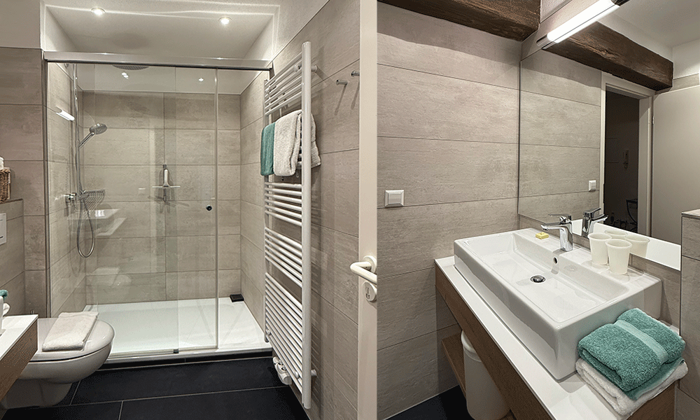Das neu renovierte Bad der Ferienwohnung 1212 in zwei Teilansicht.